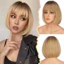 BARSDAR Short Bob Wig with Bangs - Short Blonde Ombre Bob Wigs with Bangs for Women - 12 Inch Chin-Length Blonde Wig with Dark Roots Natural Looking Soft Synthetic Hair Replacement Daily Halloween