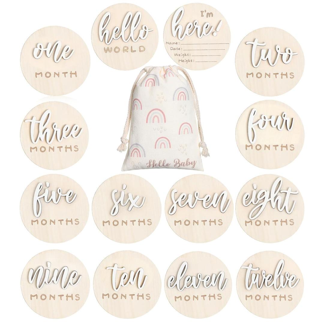 7 Pack 3D Baby Monthly Milestone Card Signs Baby Announcement Sign Double Sided Hello World Newborn Signs Wooden Circles Discs for Welcome Newborn Boy Girl Photo Props (White,Letter)