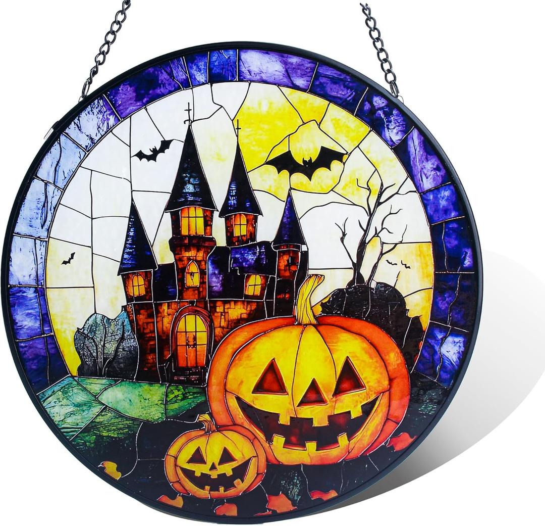 Stained Glass Window Hanging-7.8in Halloween suncatcher for Window Doors Home Decoration,Christmas Thanksgiving Gift for Women, Men, and Mom