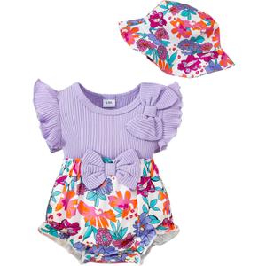 SUNNY PIGGY Newborn Baby Girl Clothes Baby Girl One Piece Romper Fall Winter Long Sleeve with Hat Sets Cute Infant Outfits (Purple)