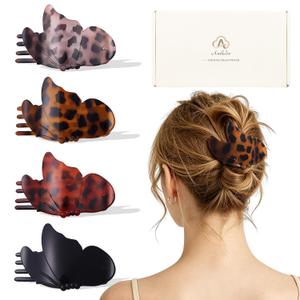 Large Flat Hair Clips for Thick Thin Hair, Butterfly Flat Claw Clips for Women, French Duckbill Hairclips for Daily Styling, Driving, Lying, Work - 4 Pcs, Tortoiseshell Design