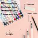 Grabie 100 Colors Watercolor Paint Set - 50 Regular, 35 Metallic, 10 Macaron and 5 Fluorescent Colors - Portable with Carrying Case, Water Brush Pens, and Accessories - For Beginners and Professionals