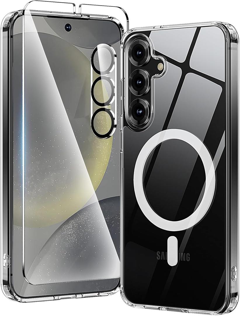 Magnetic for Samsung Galaxy S25 Case with Screen Protector*1 Camera Lens Protector*1, [12FT Mil-Grade Protection], Translucent Matte Back Slim Shockproof Case for Galaxy S25 6.2 inch, Clear