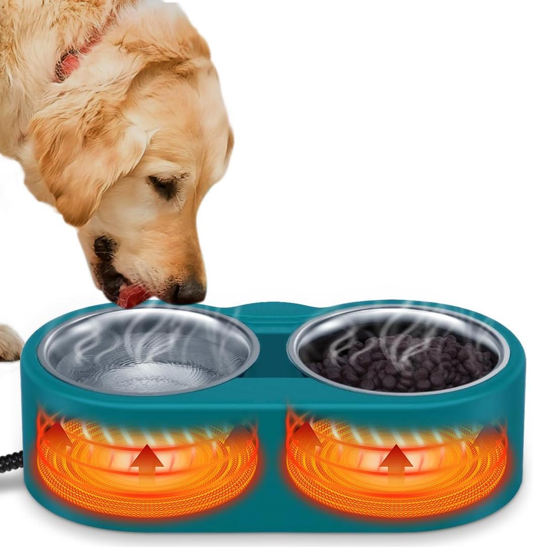 Heated Pet Bowl, Outdoor Heated Pet Bowl with Double Stainless Steel Bowl 48 OZ, Thermal Pet Bowl Provide Water & Food in Winter with Anti-Chew Cord, Heated Water & Food Bowl for Cats, Dogs, Rabbits