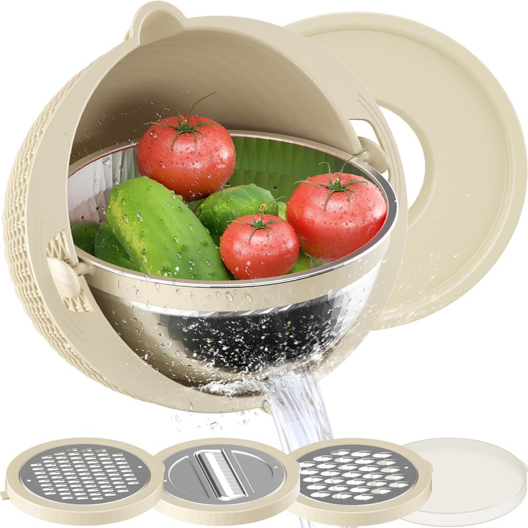 41 Colander with Bowl Set  Rotatable Strainers for Kitchen, Food Strainers and Colanders, Funny Presents for Women, Fruit Cleaner, Veggie Wash, Aesthetic Kitchen Gadget Essentials  Beige