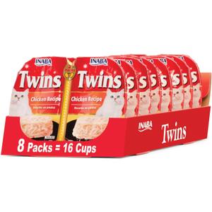 INABA Twins for Cats, Shredded Chicken & Broth Gele Side Dish/Topper Cups with Vitamin E, 1.23 Ounces per Serving, 16 Servings, Chicken Recipe (EXP 07/22/27)