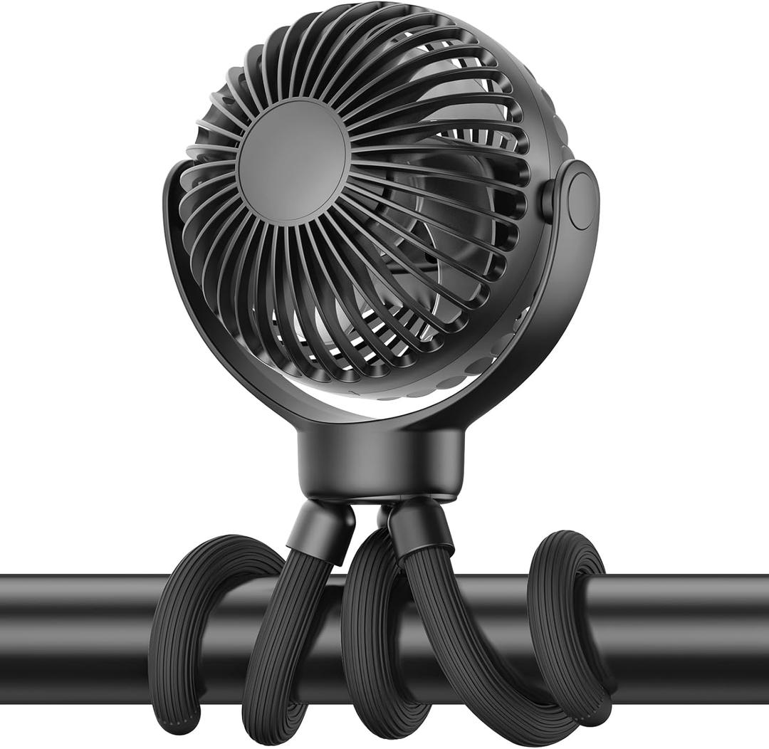 Portable Stroller Mini Fan - Flexible 3-Speed Personal Fan Clip on for Bed Sleep, Rechargeable Battery Treadmill Accessories Cooler, Newborn Summer Baby Essentials for Car Seat, Bike, Crib (Black)