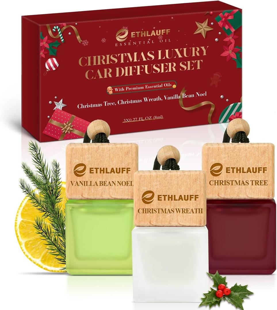 Car Air Freshener Hanging, 3 Pcs Christmas Tree, Christmas Wreath, Vanilla Bean Noel, Christmas Scent Air Fresheners Diffuser for Car, 45+ days Long Lasting Fragrance, 0.27 FL OZ/8ML