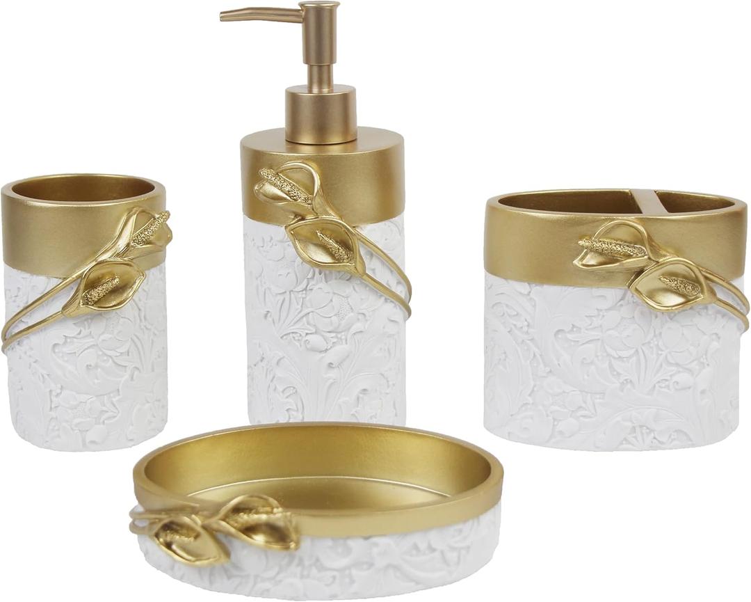 Hymmah Bathroom Accessories Set,Golden Design Toothbrush Holder,Farmhouse Bathroom Decor,2 Pcs Resin Gift Set Apartment Necessities, Contain Toothbrush Cup,Soap Dispenser,Soap Dish,Tumbler