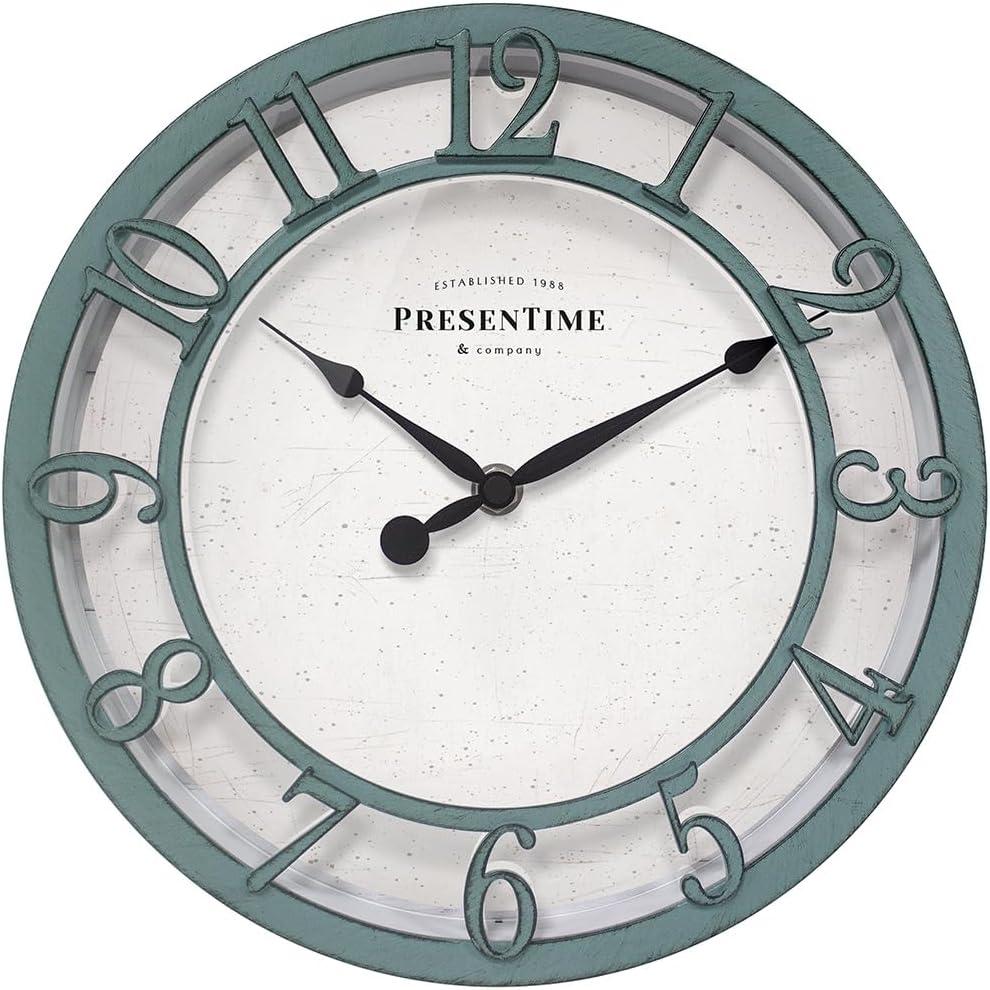 Presentime & Co 10" Farmhouse Series Wall Clock, Shiplap Style, Silent No Ticking, Raised 3D Arabic Numeral, Aged Teal Finish