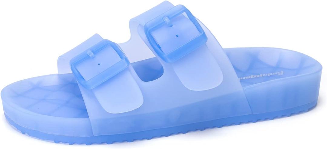 FUNKYMONKEY Women's Comfort Slides Double Buckle Adjustable Plastics Flat Sandals (8, Light Blue/Mkls)