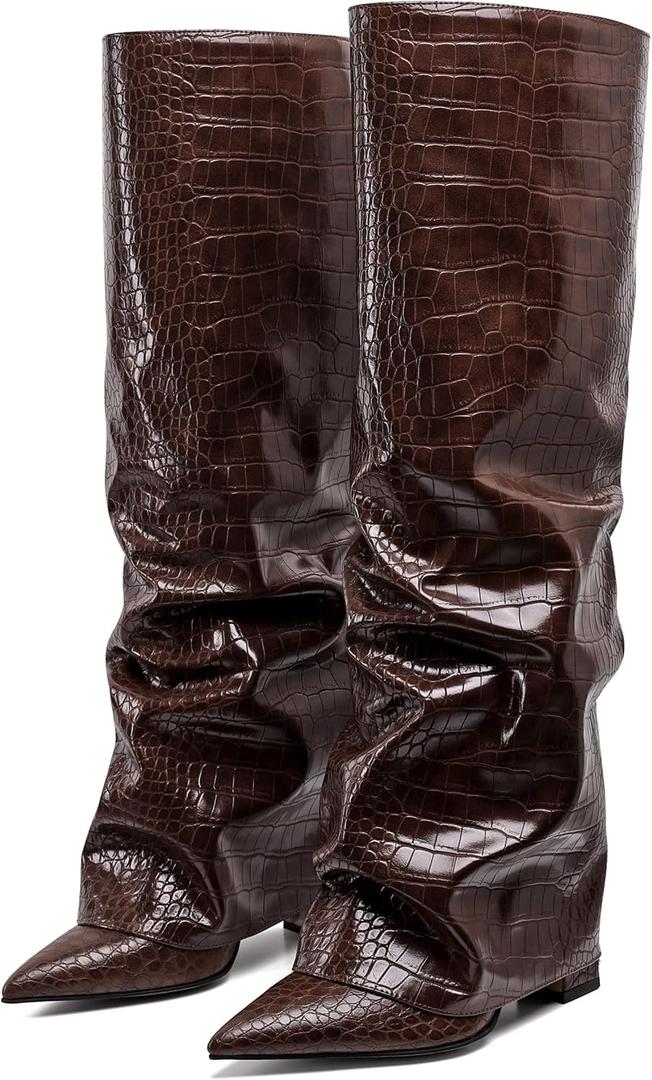 Synchoiss Womens Knee High Boots Wide Calf Chunky High Heel Boots Fashion Fold Over Boot Pointed Toe Winter Fall Tall Boots for Women Pull on Trendy (10, Brown)