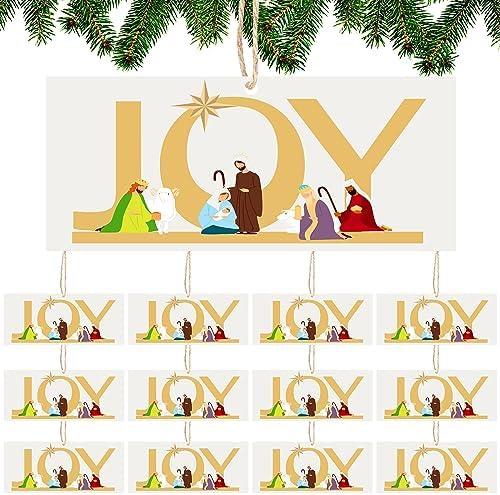 Bucherry 12 Pcs Joy Nativity Scene Ornament for Christmas Tree Wooden Jesus Ornaments Christian Religious Hanging Decor for Home Christmas Decorations