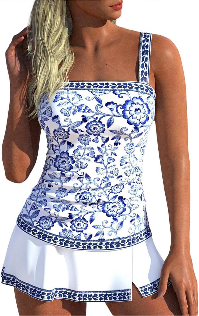 ROSEWE Womens Tummy Control Tankini Bathing Suits, Two Piece Ruched Swimsuits, Floral Print Swimdress with Skirt, Blue Floral Medium
