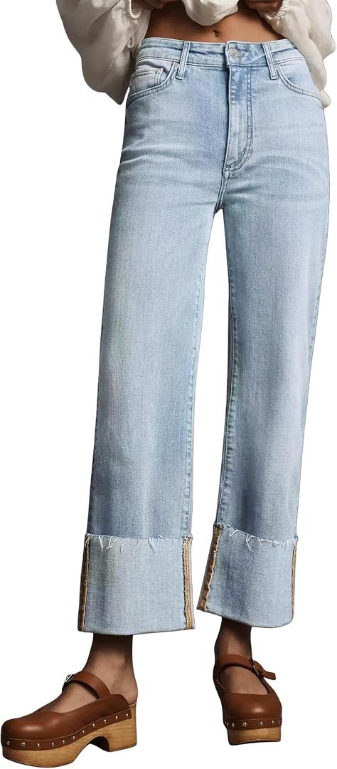 Lesore Womens High Waist Wash Denim Wide Leg Straight Leg Jeans Pants with Cuffed Hem (Blue)