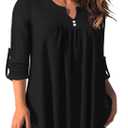 AMCLOS Womens Tops Plus Size V Neck T-Shirts Blouses Casual Flowy Pleated Tunic Long Sleeves(Black, 2XL)