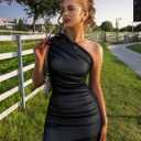 Memoriesea Women's Sexy One Shoulder Mesh Ruched Bodycon Formal Cocktail Maxi Dress (Black)