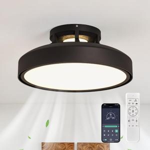 Modern Bladeless Ceiling Fans with Lights and Remote, 18.9" Black Embedded Ceiling Fan Light, Flush Mount Dimmable LED Chanelier Fan for Bedroom Farmhouse