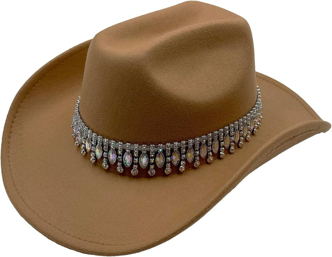 Shiny Rhinestone Women's Cowgirl Hat Western Cowboy Retro Panama Unisex Sequin Wide Brim Hat (Khaki)