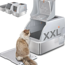 Stainless Steel Cat Litter Box with Lid, 180° Flip Top XXL Enclosed Litter Box with Cat Pedal Step Stool & Scoop, Front Top Dual Entry Steel Extra Large Cats Litter Pan, Light Grey