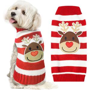 Dog Christmas Sweater Cute Striped Reindeer Xmas Pet Clothes Holiday Puppy Cat Costume New Year Gifts for Small Medium Large Dogs Jumpers (L, Red White Stripe Reindeer)