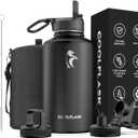 64 oz Water Bottle Insulated with Straw & 3 Lids, Coolflask Large Metal Stainless Steel Water Jug Big Half Gallon Wide Mouth for Sports, Gym or Office, Non-BPA Keep Cold 48H Hot 24H, Magic Black