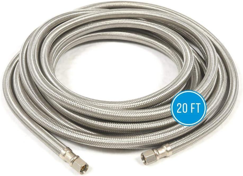 Refrigerator Icemaker Hose (20 FT) - Universal Fit to ALL Refrigerator Brands - Icemaker Water Supply Line -  x  Connections - SS Refrigerator Supply Hose for Ice & Water