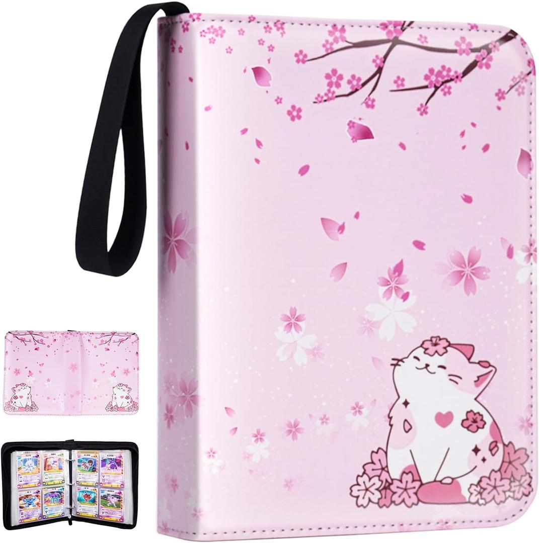 Card Binder for Girls Gifts,440 Cards Collectible Trading Card Holder Case with 55 Sleeves, 4 Pocket for TCG Game Cards Collection Sports Trading Cards Collector Album (Sakura cat)