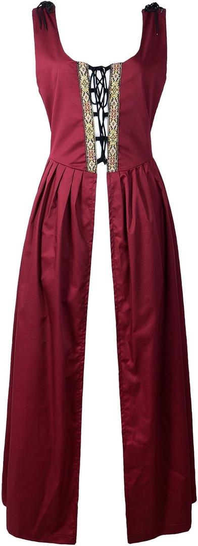 Renaissance Medieval Pirate Peasant Costume Irish Over Dress Fitted Bodice (X-Large, Burgundy)