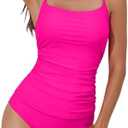 Eomenie Women's Swimsuit Tankini Tummy Control Bathing Suits Two Piece Full Coverage Slim Swim Suits with High Waisted Bottom, Pink, M
