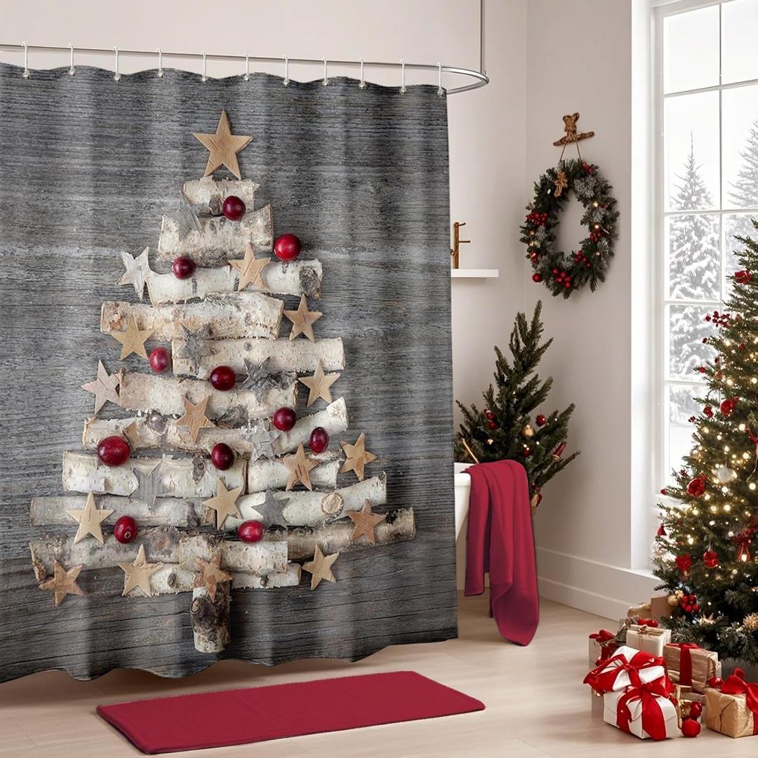 BROSHAN Christmas Tree Shower Curtain,Rustic Fabric Christmas Shower Curtains for Bathroom Winter Holiday Farmhouse Bathroom Decor Shower Curtain Set with Hooks, 78 inches Long
