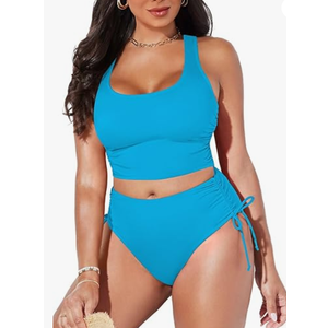 Pink Queen Women Racerback Ruched Crop Top High Waisted Bikini Sets 2 Piece Swimsuit Bathing Suit 2026 (X-Large, Blue)