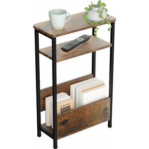 7.1" Narrow Side Table for Small Spaces, 3 Tier Small End Table with Magazine Holder, Slim/Skinny Nightstand/Bedside Table for Living Room, Bedroom, 15.4" L x 24.2" H (Rustic Brown)