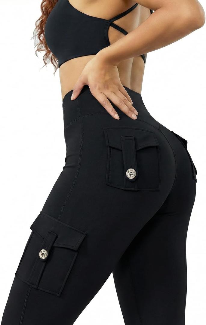 RXRXCOCO Women 2 Piece Workout Sets Flare Leggings with Pockets Butt Lifting High Waisted Cargo Gym Yoga Sets Pilates Outfits (Black, S)