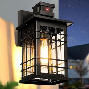 Motion Sensor Outdoor Wall Light Black, Dusk to Dawn Outside Porch Light Fixture Wall Mount, Waterproof Exterior Light Fixture with Seeded Glass, Matte Black Wall Sconce Lantern for House Patio Garage (11.4 inch, Black-without outlet(1-Pack))