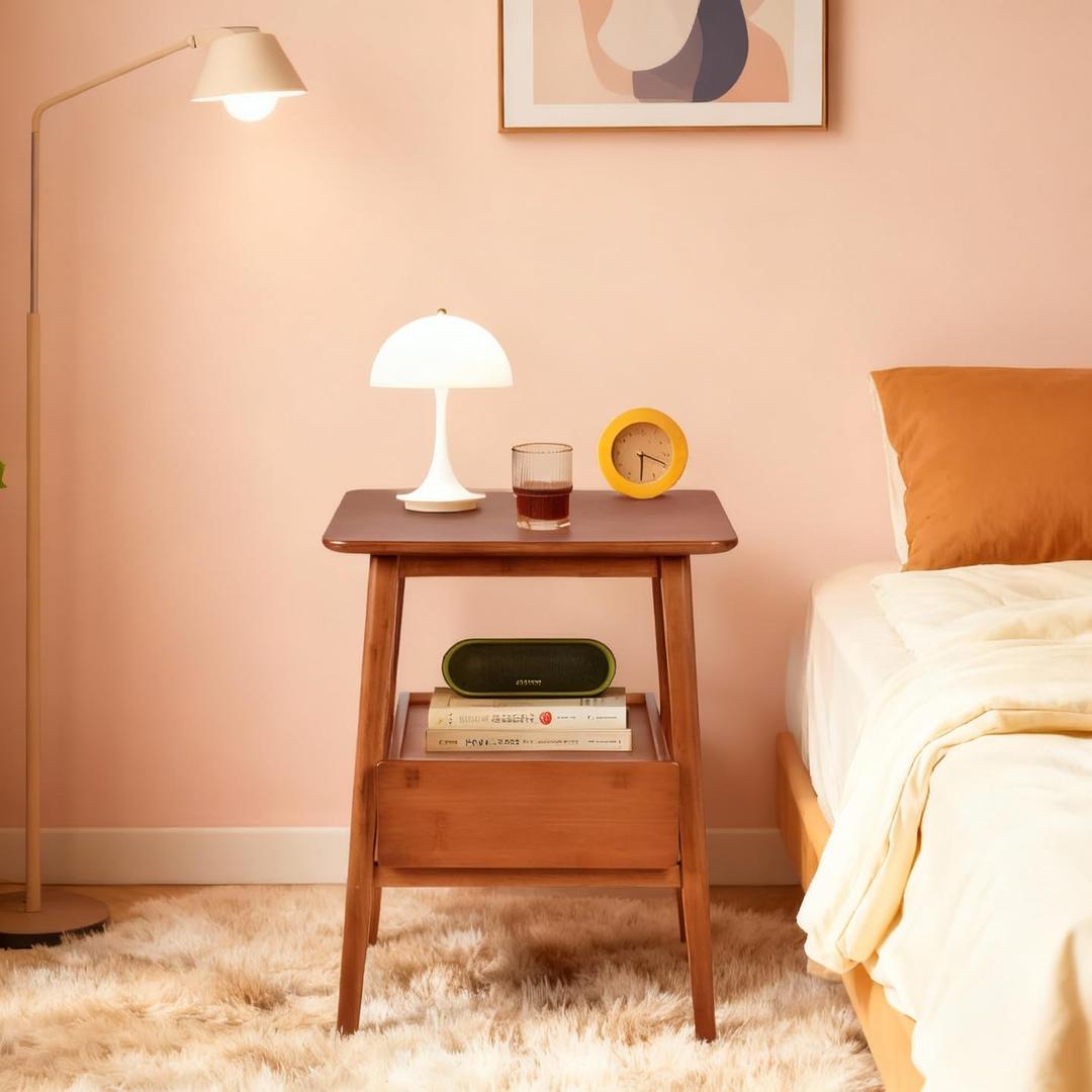 Fluted Nightstand with Drawer  Tall Solid Bamboo Bedside Table with Open Shelf, Modern End Table with Storage for Bedroom, Living Room, Office (Natural Wood) (Walnut)