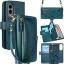 for Samsung Galaxy S25 Edge Detachable Crossbody Wallet Case, Compatible with Wireless Charging, [Cards Theft Scan Protection], Magnetic Case Stand PU Leather Zipper(Floral Cyan Green)