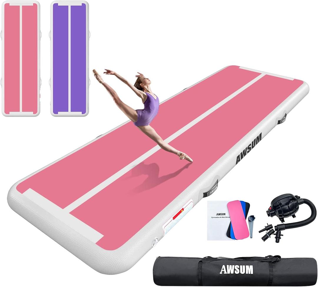 AWSUM Inflatable Air Gymnastics Mat 10ft/13ft/16ft/20ft/23ft Training mat 4/8 inches Thick tumbling mat with Electric Pump for Home/Gym/Outdoor (Purple/Pink)