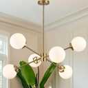Modern Gold Sputnik Chandelier, 6-Light Mid Century Ceiling Light Fixture with Frosted Glass Globe Shades, Adjustable Height Brass Pendant Lighting for Living Room, Dining Room, Kitchen Island