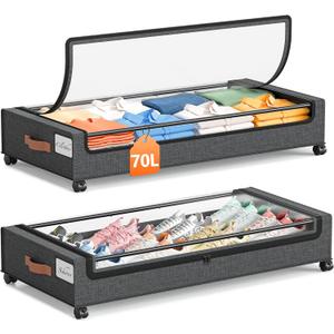 Yecaye 70L Under Bed Storage with Wheels, 2Pack Larger Capacity Under Bed Storage Containers, Underbed Shoe Storage Organizer, Rolling Under Bed Metal Drawers for Clothes, Blankets(35.5 x 17 x 6.7in) (Grey)