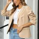 Womens Blazers Business Casual Long Sleeve Lapel Button Suit Work Blazer Jacket with Pockets (Beige, L)