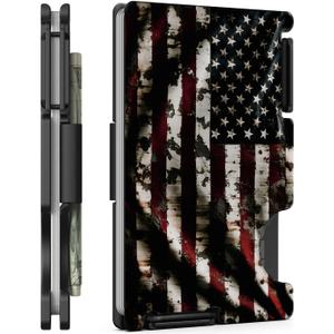 Minimalist Metal Wallet for Men, Ultra-Thin Aluminum Card Holder with Cash Strap, Slim Front Pocket RFID Blocking Wallet, Personalized American Flag-00