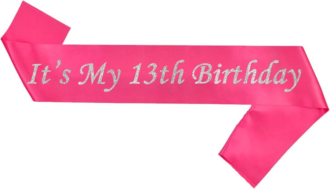 2 x Its My 13th Birthday Sash,Official Teenager Sash Silver Foil Letter Happy 13th Birthday Sash Party Favors Decoration for Birthday Girls Boys Hot Pink
