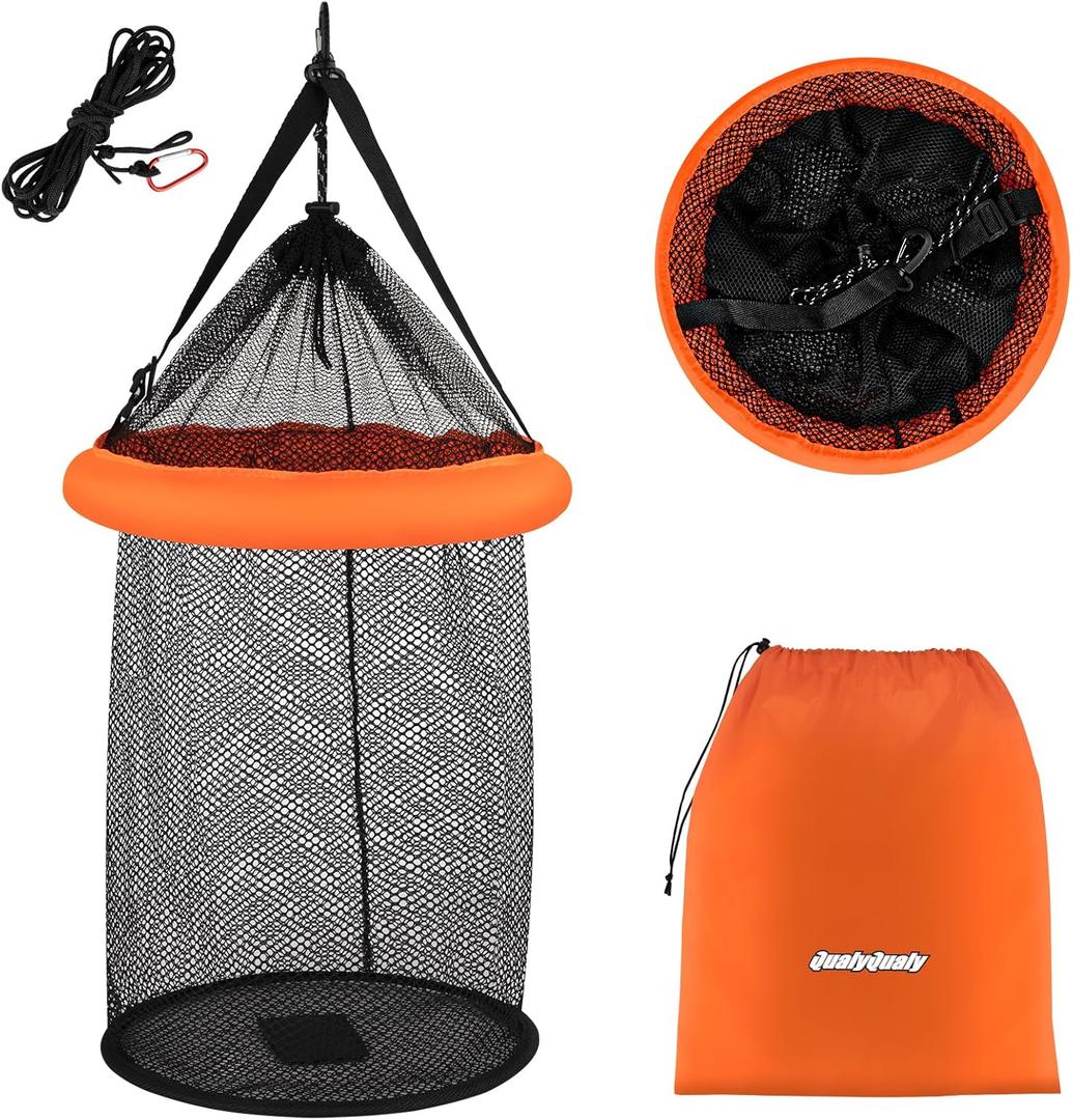 QualyQualy Floating Fish Basket for Live Caught, 10/15 Gallons Foldable Fishing Holder Minnow Bucket Portable Collapsible Fishing Net Storage Cage for Live Fish Bait Live Well (Round)