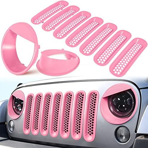 Front Grille Mesh Inserts & Headlight Cover for Jeep Wrangler JK JKU Sport Freedom Rubicon Sahara Unlimited 2007-2018 Exterior Accessories Clip-in Grille Guard Headlight Bezels Trim (Matte Pink)