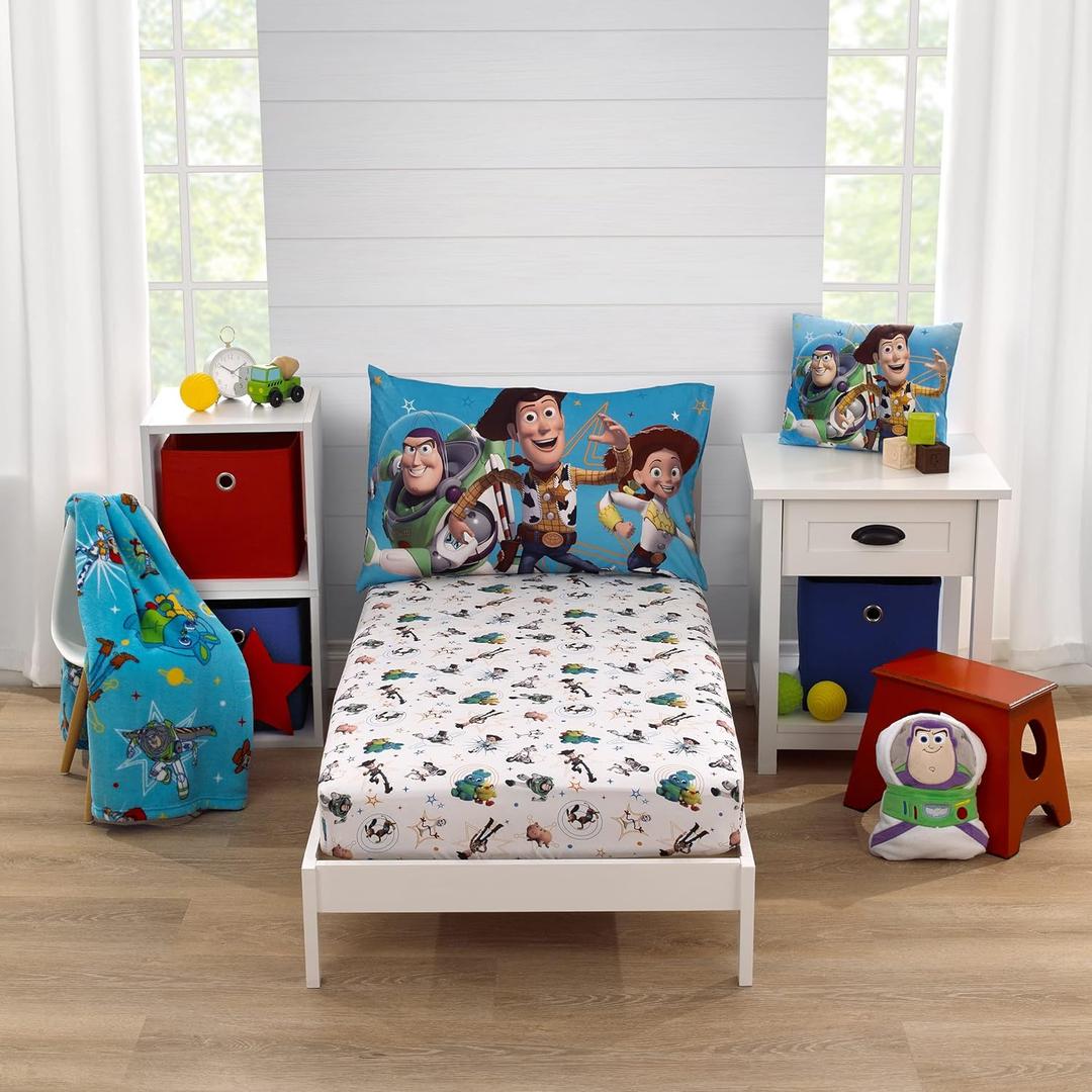 NOJO Disney Toy Story It's Play Time Blue, Green, and White, Woody and Buzz 2 Piece Toddler Sheet Set - Fitted Bottom Sheet and Reversible Pillowcase
