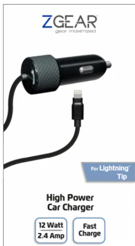 ZGear High Power Lightning Cable Car Charger - Black