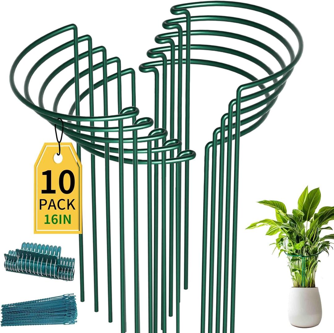 TCBWFY 10 Pack Garden Plant Support Stakes,10" Widex16 High Heavy Duty Interlinked Half Round Peony Support Ring Cage for Indoor Outdoor Plants,Plant Supports for Peony, Tomato, Hydrangea, Rose (Dark Green)