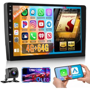 Qualcomn Chipset 8 Core 4+64GB Android Car Stereo Double Din 10 Inch Touch Screen Carplay Android Auto Radio DSP Hi-Res Picture in Picture+AHD Backup Camera Voice Assistant