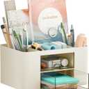 Marbrasse Pen Organizer with 2 Drawer, Multi-Functional Pencil Holder for Desk, Desk Organizers and Accessories with 5 Compartments + Drawer for Office Art Supplies (Beige)